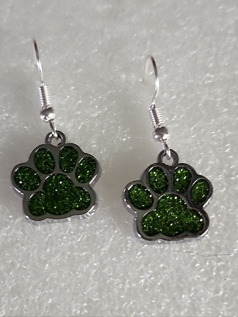 Hand Crafted Green Glitter Paw Print Dangle Earrings